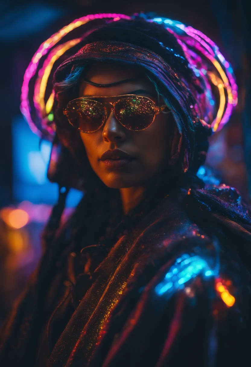 Cosmic Cyberpunk Painter Wearing Neon , olhos claros brilhantes, Cores neon muito brilhantes, light particles, com luz brilhante, , nuvem de cogumelos, Vencedor da Melhor Foto do Ano