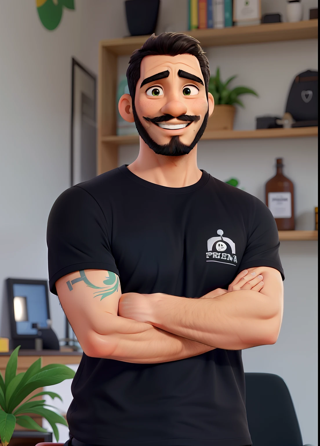 A man with a cheerful expression, sorrindo, com barba e bigode, with black t-shirt and arms crossed, olhos verdes e, ao fundo, prateleiras com livros