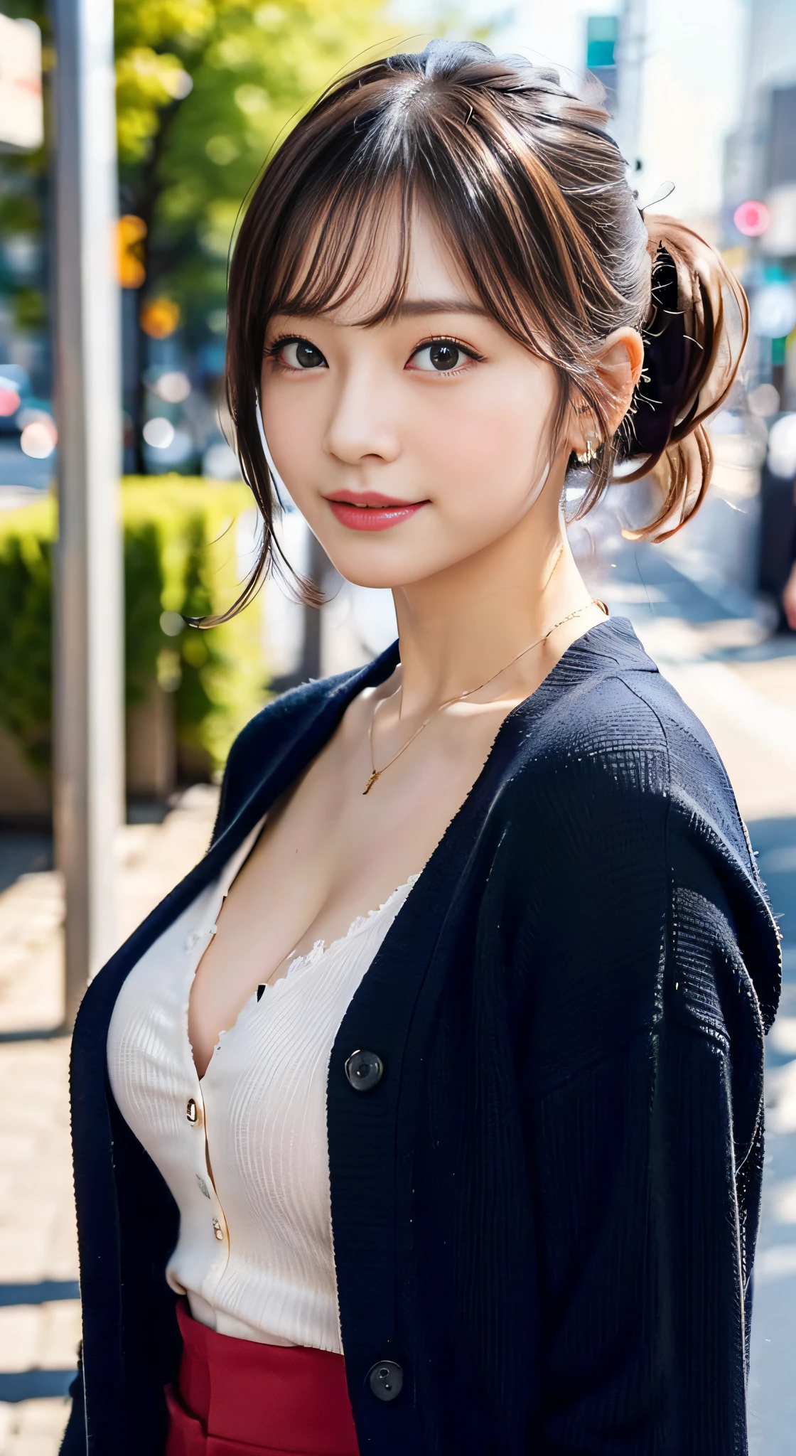 (32K,high-detail,high detal,hight resolution,highdensity,独奏,Lori:1.3),(Realistic people,Live action,A detailed eye,High resolution eyes,Fine eyes,Eyes that look like they are alive,beautiful dark blue eyes,Fishing eyes,Detailed lips,Crystal clear white skin,detailed realistic faces:1.3),(Japanese ido,Korean Idols,model in Japan,Korean models:1.2),(with a flushed face,natural make up,a necklace,piercings:1.4)(Blouse,Red pumps with high heels,Wide pants,Red cardigan,Business Casual Fashion:1.6),(well-shaped breasts:1.5),(Young but very beautiful and elegant Japan people16 year old beautiful girl,Cute black eyes,Smile a little coldly,facing back,turned around,Looking at the camera,Fashion Leader,Business Girl,Soft skin,Unforgettable eyes,Her eyes are too beautiful,Business Pants Fashion,Pink Short Cut Low Ponytail:1.6),(showing your whole body,Show full-body fashion,:1.7)