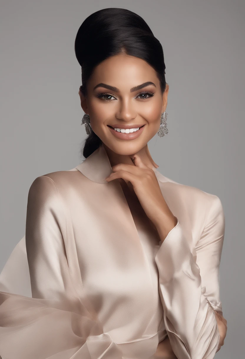 uma mulher bonita , sorridente, who just got out of the beauty salon and is posing for a picture. She has black hair and her skin is brown, Your teeth are perfect, His nose is thin and his eyes brown