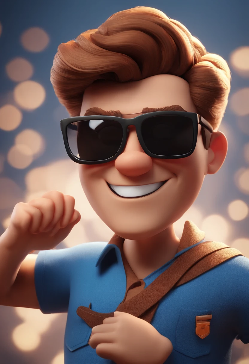 Cartoon character of a man wearing black glasses and a blue shirt, um personagem animado, Caractere estilizado, animation style rendering, 3D estilizado, Arnold Maya render, 3 d render stylized, toon render keyshot, Personagem 3D, Personagem 3D, 3d rendering stylized, 3 d character render, personagem de desenho animado, Personagem de close up, Pose de personagem, (Estilo Pixar) (master part:1.2) (Bokeh) (best quality) (pele detalhada) (textura detalhada) (8k) (argila) (Cinematic lighting) (foco nítido,Senta e vaza a parte superior do corpo