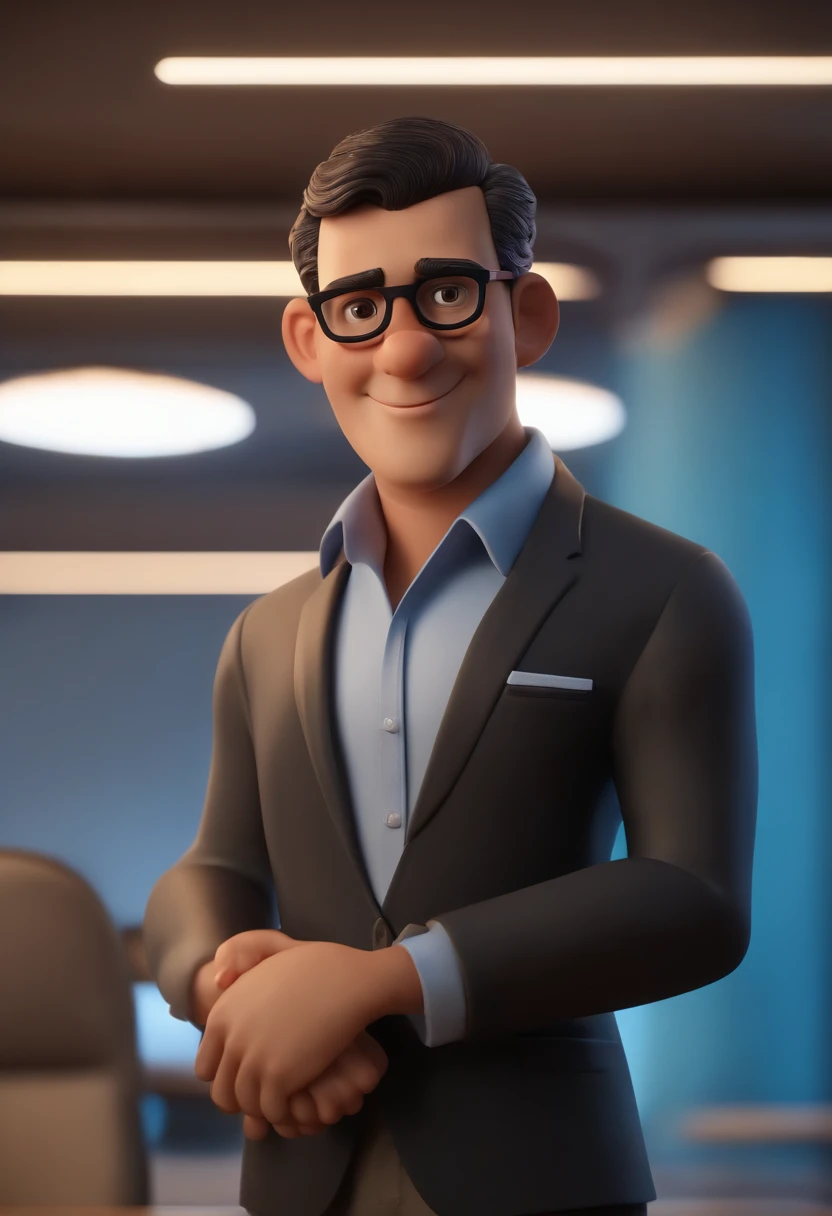 Cartoon character of a man wearing black glasses and a blue shirt, um personagem animado, Caractere estilizado, animation style rendering, 3D estilizado, Arnold Maya render, 3 d render stylized, toon render keyshot, Personagem 3D, Personagem 3D, 3d rendering stylized, 3 d character render, personagem de desenho animado, Personagem de close up, Pose de personagem, (Estilo Pixar) (master part:1.2) (Bokeh) (best quality) (pele detalhada) (textura detalhada) (8k) (argila) (Cinematic lighting) (foco nítido,Senta e vaza a parte superior do corpo