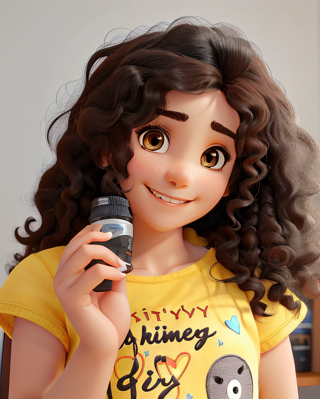A beautiful girl with medium curly hair with bangs and dark brown, Dark eyes in jeans and white knitting smiling