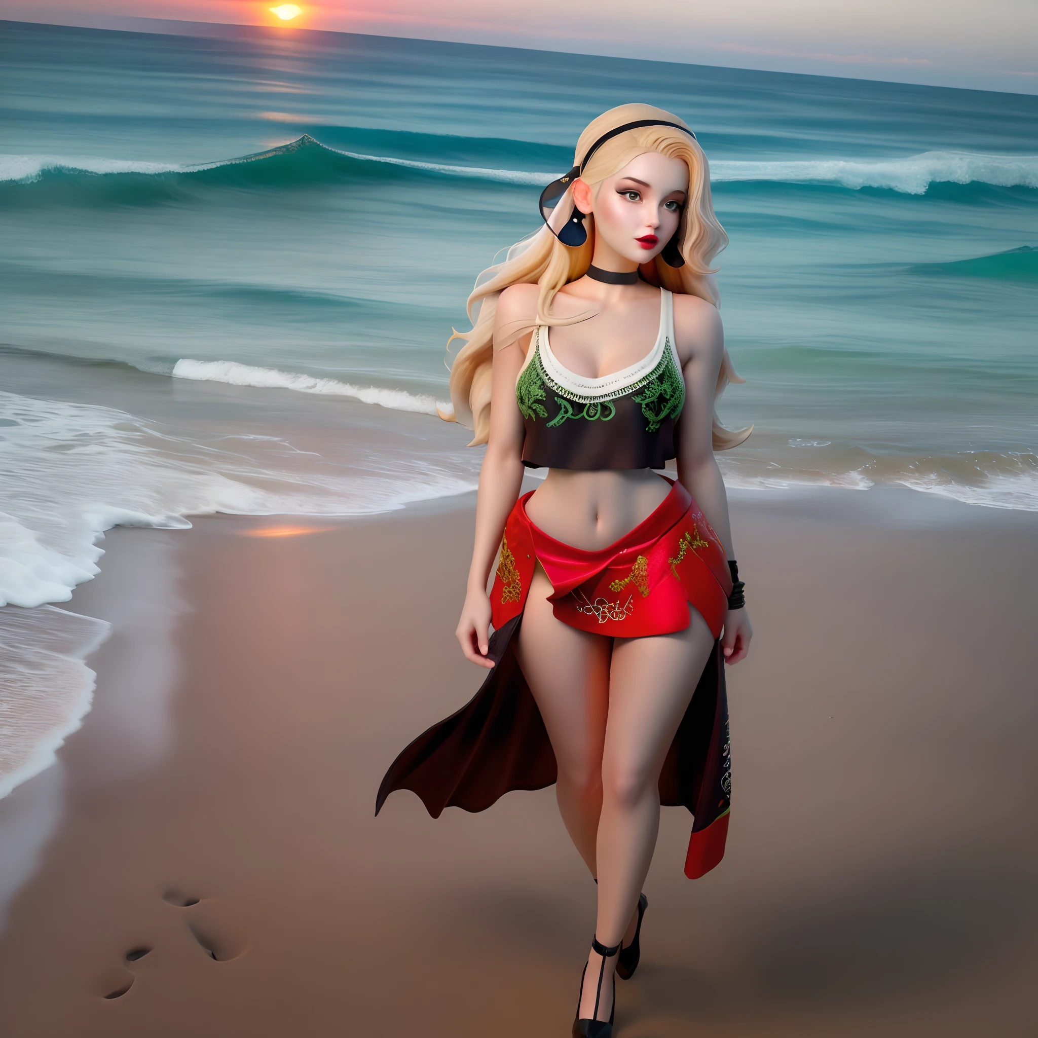A tall, statuesque, very beautiful full-length woman with long blonde hair and green eyes, small nose, full red lips and curved black eyelashes, wearing a red mini skirt with a side slit and tight waist, a short tank top with her navel exposed with a white strap delicately worked with embroidery, wearing a pair of diamond earrings in her ears, she is on a stunning beach seen in the middle distance walking on the sand holding a pair of silver high-heeled shoes with a sunset scene wonderful sun in the background and the sun is in the sea on the horizon reflecting its shine on the waters.
