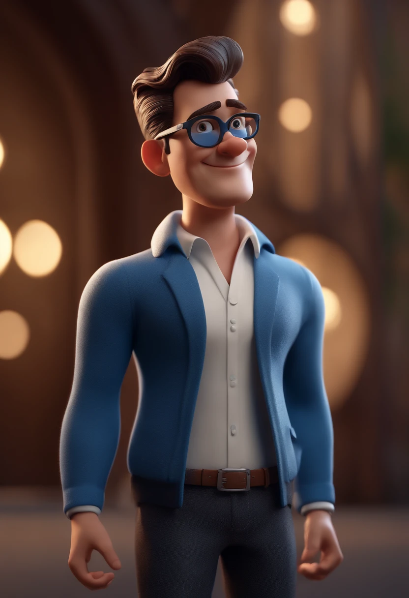 Cartoon character of a man with black glasses and a blue shirt, animation character, Caractere estilizado, animation style rendering, 3D estilizado, Arnold Maya render, 3 d render stylized, toon render keyshot, Personagem 3D, Personagem 3D, 3d rendering stylized, 3 d character render, personagem de desenho animado, Personagem de close up, Pose de personagem, (Estilo Pixar) (master part:1.2) (Bokeh) (best quality) (pele detalhada) (textura detalhada) (8k) (argila) (Cinematic lighting) (foco nítido