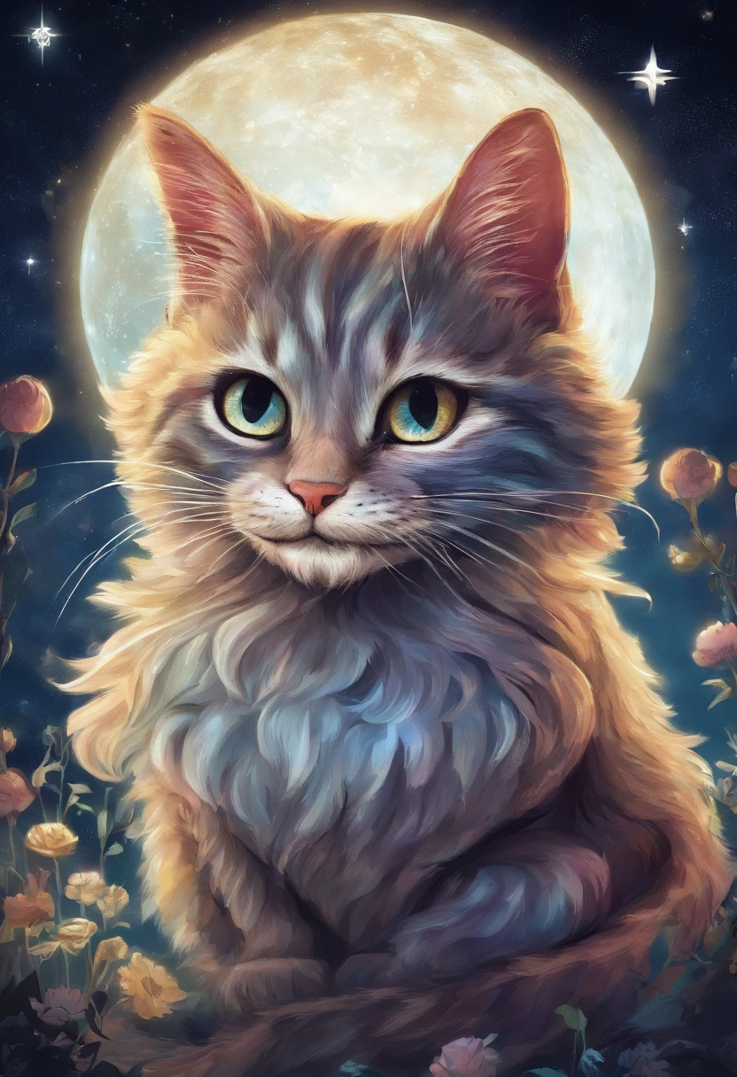 Cat from Alice in Wonderland smiling with a crazy face. In the background we see a starry night sky