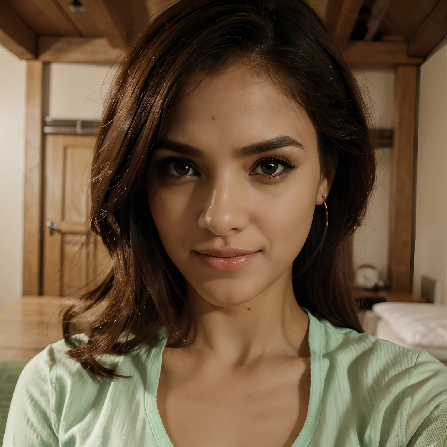 Crie uma imagem quadrada em HD com uma mulher usando uma joia,foco na joia e olhando para frente
