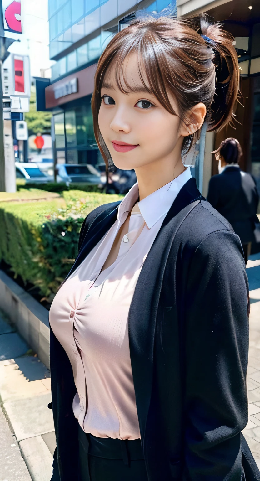 （３２K,high-detail,high detal,hight resolution,highdensity,独奏,Lori：1.3）,（Realistic people,Live action,A detailed eye,High resolution eyes,Fine eyes,Eyes that look like they are alive,beautiful dark blue eyes,Fishing eyes,Detailed lips,Crystal clear white skin,detailed realistic faces：1.3）,（Japanese ido,Korean Idols,model in Japan,Korean models：1.2）,（with a flushed face,natural make up,a necklace,piercings：1.4）（Blouse,Red pumps with high heels,Wide pants,Red cardigan,Business Casual Fashion：1.6）,（well-shaped breasts：1.5）,（Young but very beautiful and elegant Japan people１6 year old beautiful girl,Cute black eyes,Smile a little coldly,facing back,turned around,Looking at the camera,Fashion Leader,Business Girl,Soft skin,Unforgettable eyes,Her eyes are too beautiful,Business Pants Fashion,Pink Short Cut Low Ponytail：1.6）,（showing your whole body,Show full-body fashion,：1.7）