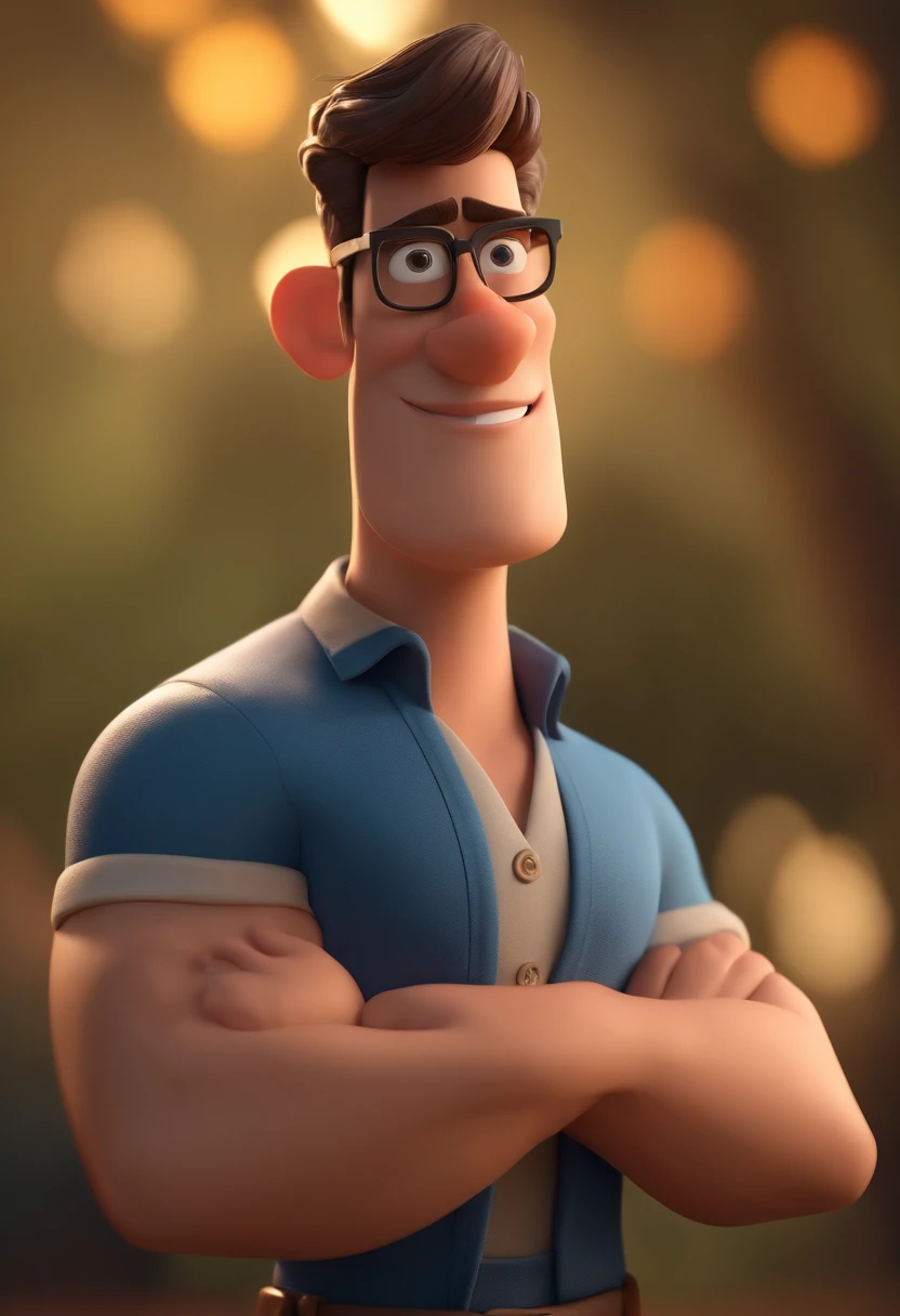 Cartoon character of a man wearing shirtless black glasses, com muitos pelos um personagem animado, Caractere estilizado, animation style rendering, 3D estilizado, Arnold Maya render, 3 d render stylized, toon render keyshot, Personagem 3D, Personagem 3D, 3d rendering stylized, 3 d character render, personagem de desenho animado, Personagem de close up, Pose de personagem, (Estilo Pixar) (master part:1.2) (Bokeh) (best quality) (pele detalhada) (textura detalhada) (8k) (argila) (Cinematic lighting) (foco nítido，Senta e vaza a parte superior do corpo