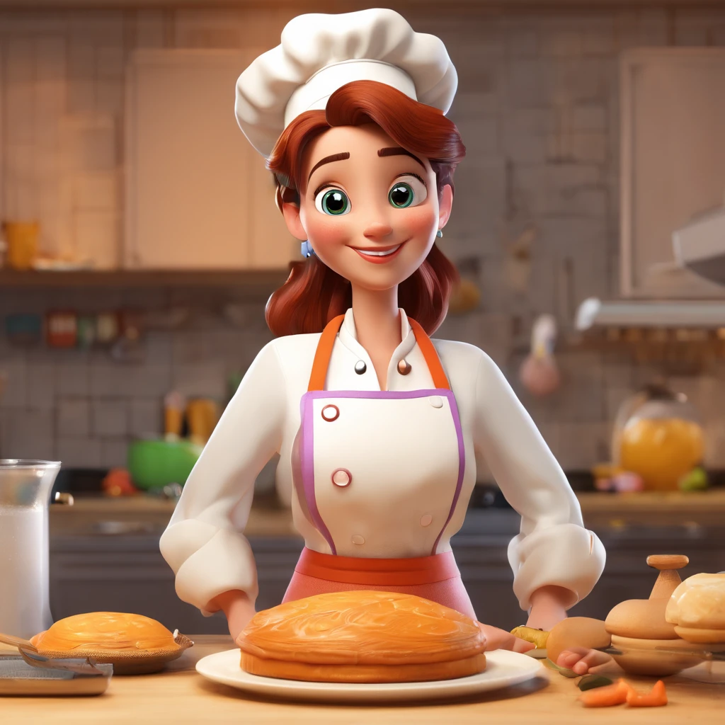 Crie uma cena de desenho animado  estilo 3d -Pixar, Onde uma mulher, de cabelos lisos ruivos com 27 anos de idade, She's cooking dressed as a pastry chef.