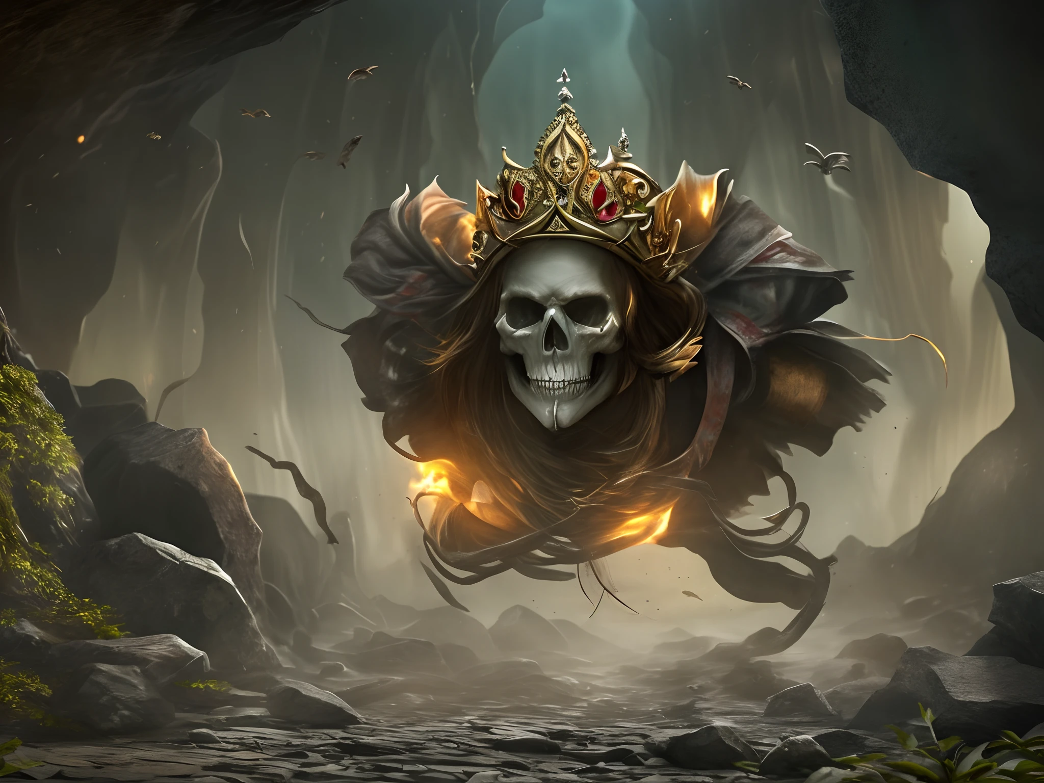 create an animated scene of a ghost with full skeleton body, eyes missing, loosy hair, wear a Viking shoot and a crown in the head chasing a woman in the Rocky cave tomb --auto --s2