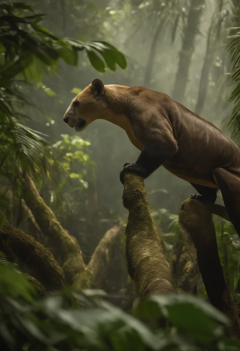 Please create an image of the highest possible quality, with advanced levels of detail and a cinematic style, depicting a scene from the Amazon rainforest. In the image, include five of the most fierce and impressive animals from the region, such as jaguars, harpy eagles, ocelots, anacondas, and giant anteaters. Ensure that the scene conveys the majesty and intensity of wildlife in the Amazon rainforest, with well-defined lighting and shadows and exceptional details on the animals and the natural environment around them. The image quality should be akin to that of a high-resolution wildlife documentary scene