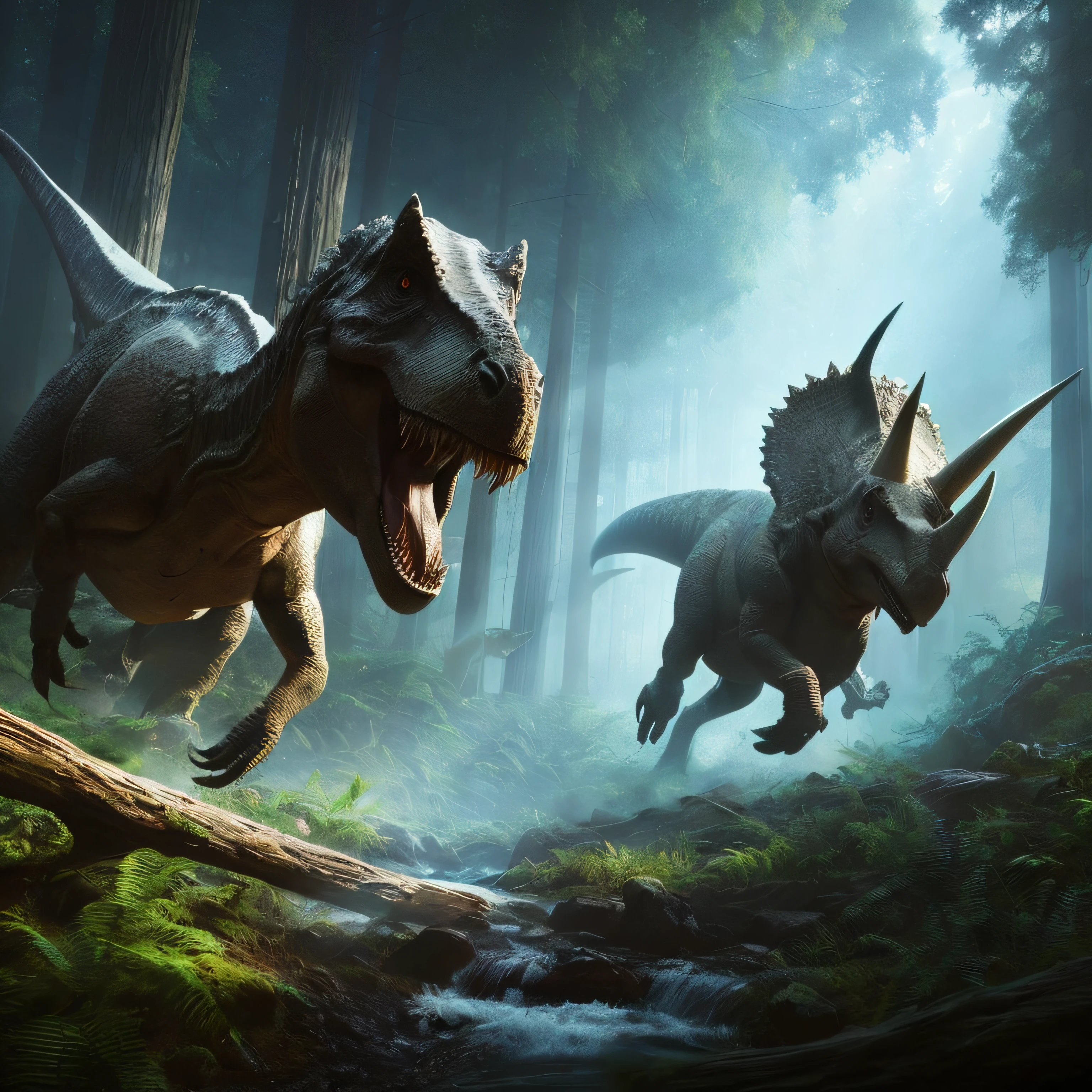 dinosaurs in a forest with a stream of water running by, realistic photography paleoart, realistic paleoart, jurassic image, by Adam Marczyński, 3 d epic illustrations, 3d render trending on artstation, by Alexander Kucharsky, paleoart, dinosaurs, highly realistic concept art, triceratops, ultra realistic 3d illustration