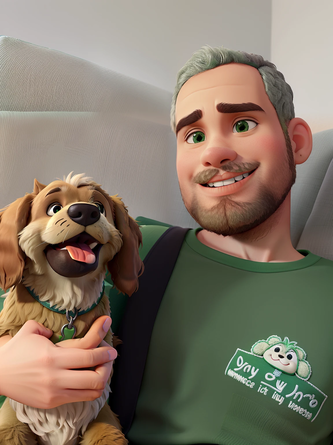 Um rapaz, com camiseta verde, dando um sorriso, sitting on couch, Holding a shaggy dog that's got its tongue out
