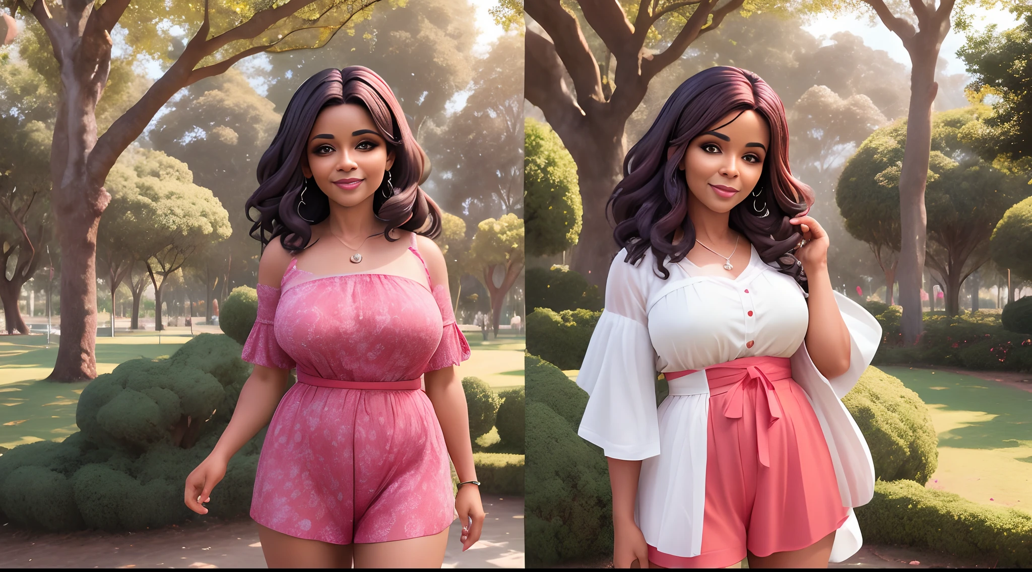 Beautiful brown skin Latina mother, she has long brown layered hair and black eyes with yellow hoop earrings, she has a skinny waist and is curvy, she is wearing a sexy pink crop top with cut sleeves and a black bra while wearing blue jeans and pink straps, she also has red high heels, she is carrying and basket of laundry to th