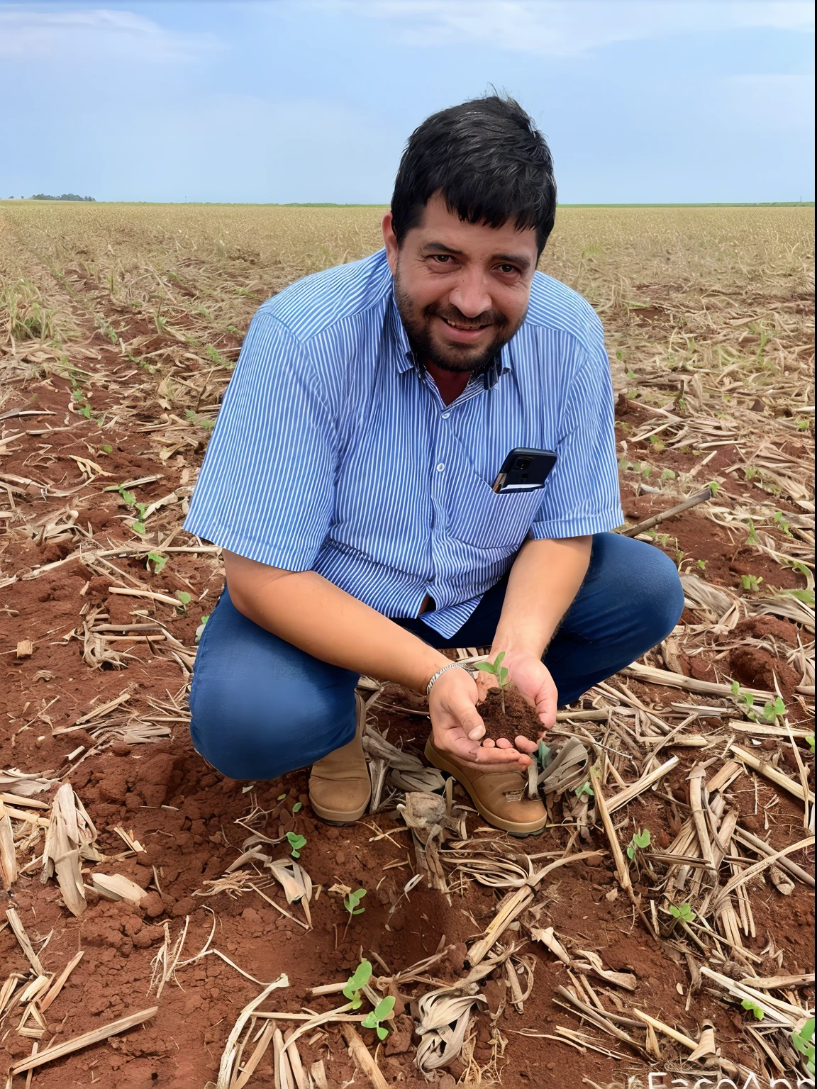 Man kneeling in a corn field with a mobile phone in his hand, icaro carvalho, Directed by: Luis Miranda, OSR, Directed by: Daniel Lieske, nitrogen-rich soil, Directed by: Daniel Schultz, com restolho limpo, david rios ferreira, album photo, Directed by: CeFerí Olivé, edu souza, Directed by: Jeffrey Smith