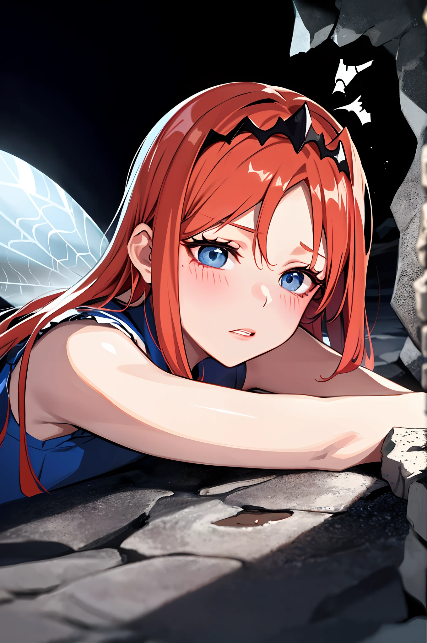 Bloom has collapsed to the floor in a crumpled heap after losing taking a strong physical blow. Bloom can't move from her prone position on a grey rock surface, and unable to breath and loses consciousness . (Bloom), (tousled orange hair, blue eyes, shut eyes, bangs, long hair), (fairy outfit), (blue croptop, sleeveless, dainty figure, midriff, well-endowed breast, slender legs, short blue skirt, sparkling clothing, fairy wings, tiara, languid and crumpled on the cave floor), (Bloom languid, prone defeated:1.5) (black background, cave walls, spider webs:1.3), (Shoujo anime style:1.4), (masterpiece:1.2), (Bloom crumpled on the ground:1.4), (full-body-shot:1),(Cowboy-shot:1.2), torch lighting, dark oppressive lighting, (highly detailed:1.2), (detailed face:1.4), (gradients), closed, shut eyes, head on the ground, shallow breathing , (detailed cracked cave ground:1.2), (natural lighting:1.2), (dynamic crumpled pose:1.6), (solo, one person, 1girl:1.5),