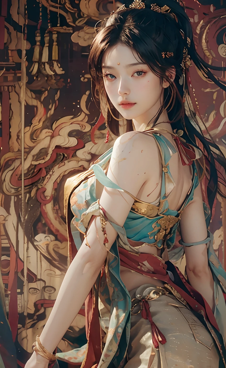 (RAW photos, Top quality), (Realistic, Photorealistic: 1.3), Highest quality, High definition, Masterpiece, Super detail, illustration, 1girll, The upper part of the body_Body, Dynamic Angle, world masterpiece theater, Messy_Long_Hair, Top quality, Highly detailed CG unity 8k wallpaper, ink, Stunning, Cinematic lighting, lens_flare, dunhuang_ Style, (Whole body: 1.3),