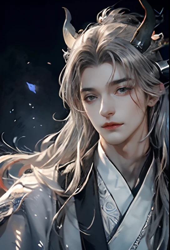 (extreamly delicate and beautiful:1.2), 8K, (tmasterpiece, best:1.0), , (LONG_silver_HAIR_MALE:1.5), Upper body body, a long_haired male, handsome guy, black horns above his head, wears white clothes and fluffy black cape, and intricate detailing, and intricate detailing, finely eye and detailed face, Perfect eyes, Equal eyes, Fantastic lights and shadows、white room background、 Uses backlight and rim light