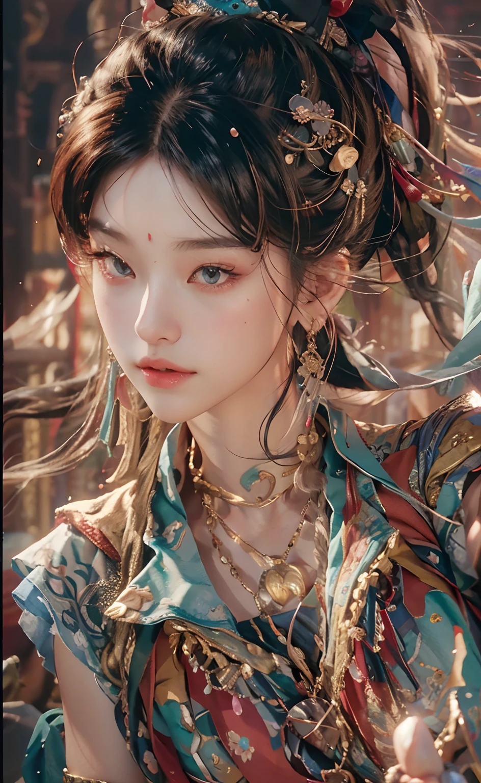 Best quality,masterpiece,ultra high res,(photorealistic:1.4),xiuxian,weapon,Detailed face, 1girl,solo,weapon,cleavage,(magic circle:1.2),xiuxian,upper body,Beautiful girl,full body,huge breasts,east asian architecture,sheath,architecture,