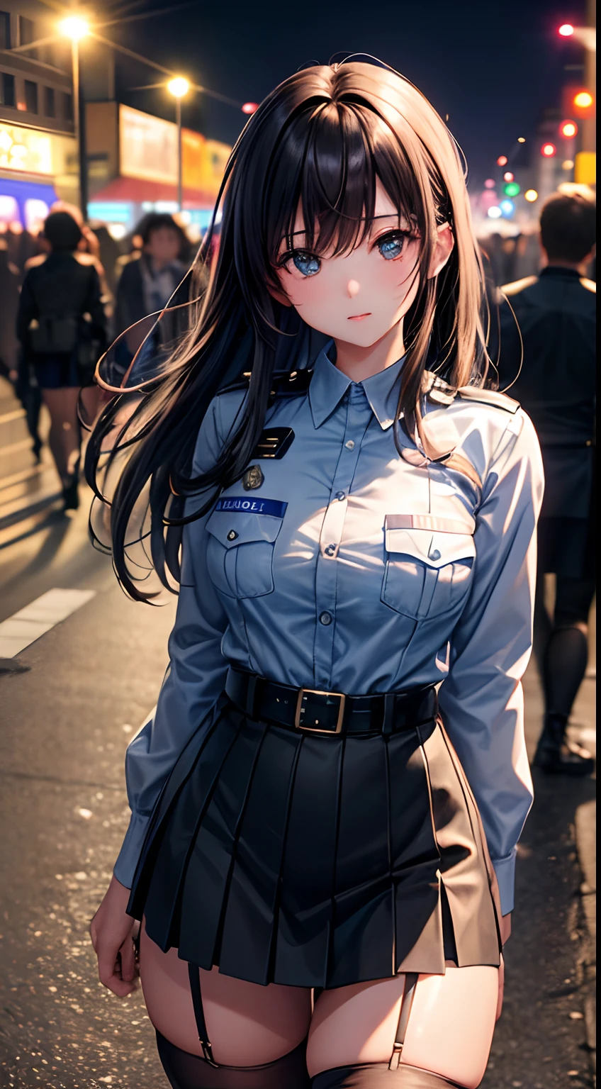 masterpiece, best quality, highres, ichigoaya, solo, police uniform, necktie, black skirt, hat, peaked cap, <lora:toujou_aya_v1:0.7>, cowboy shot
