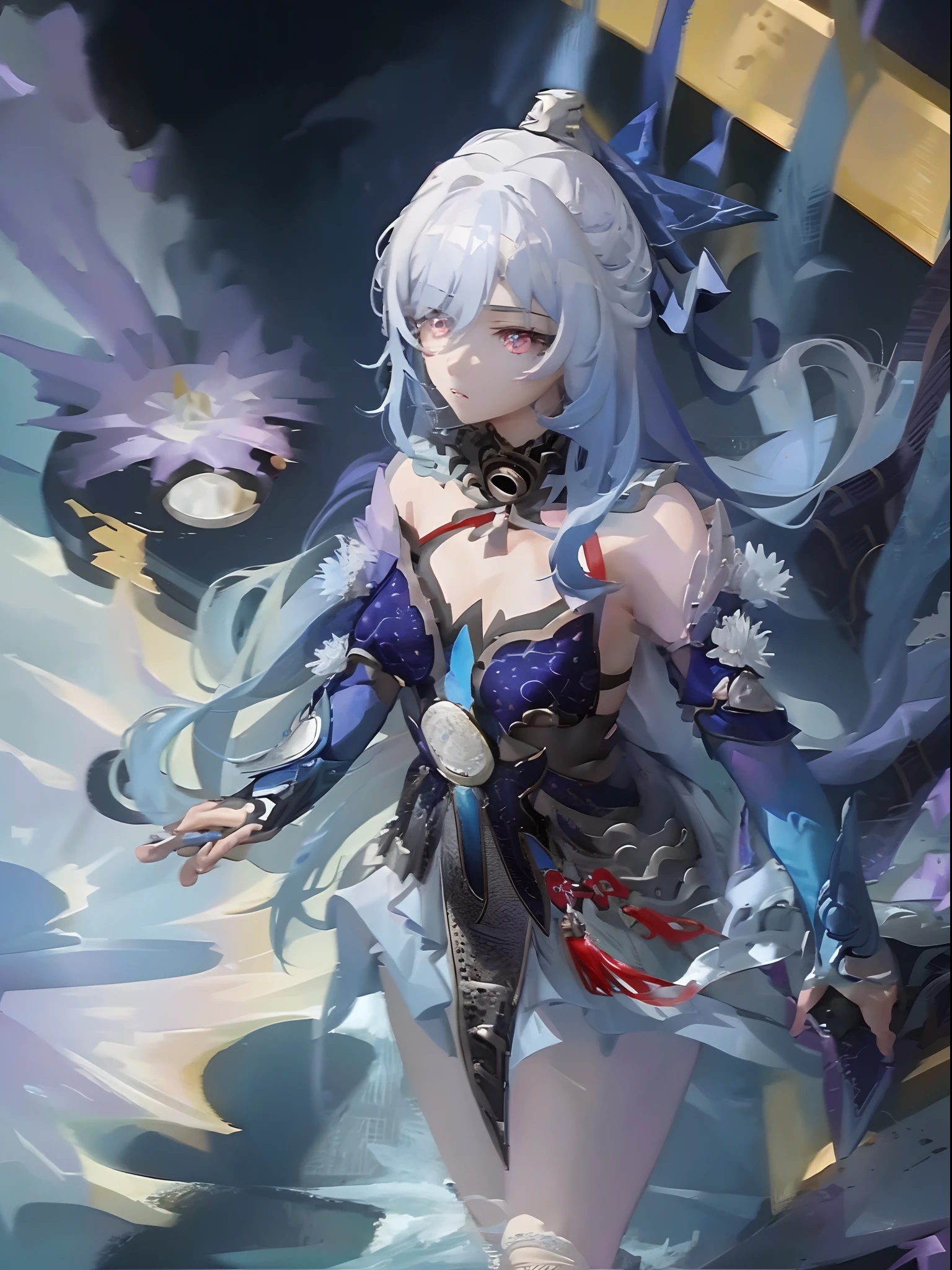 1girl, light blue hair, red eyes , purple dress, jingliu Honkai star rail , tried up hair , Clouds