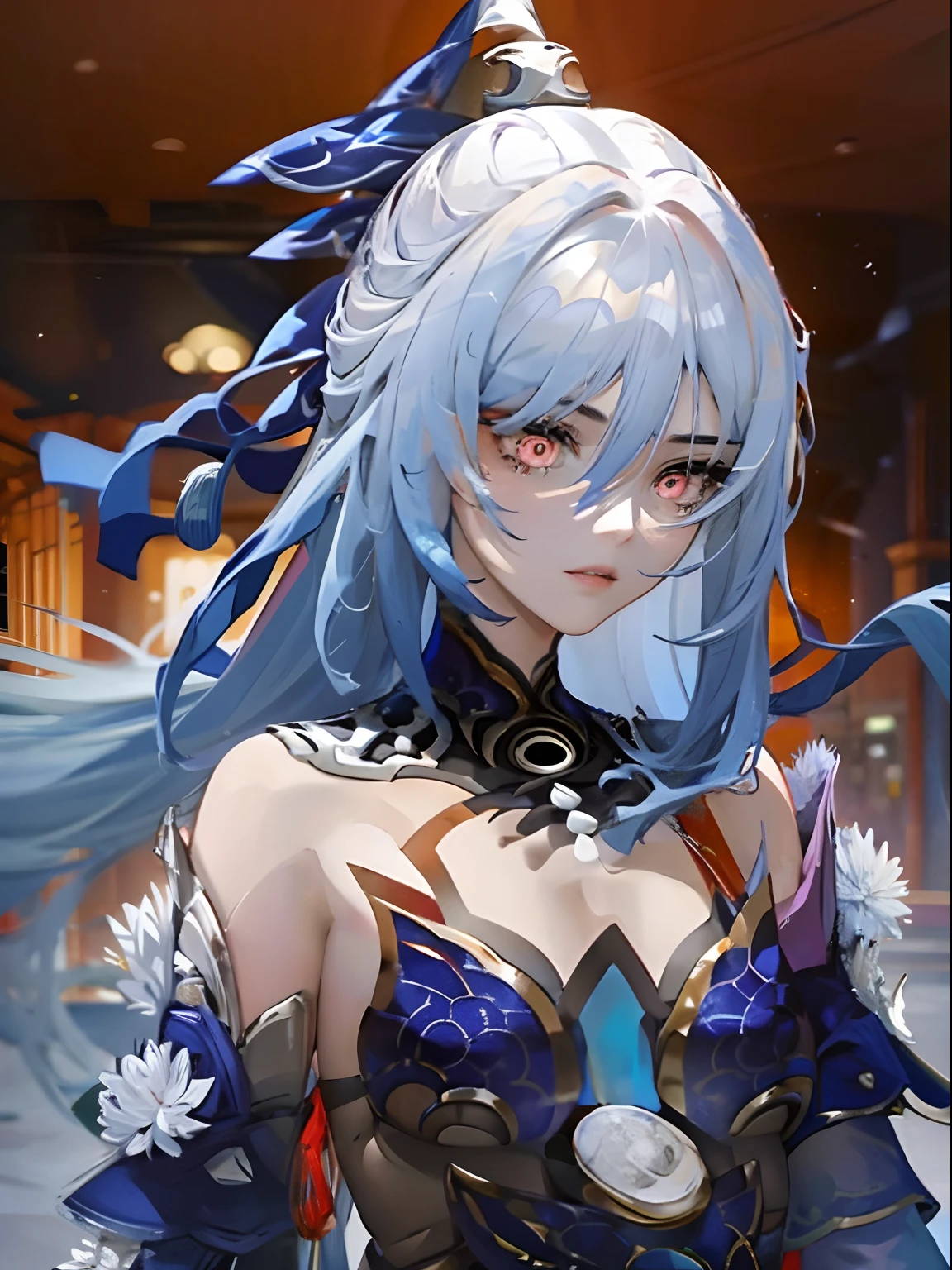 1girl, light blue hair, red eyes , purple , jingliu Honkai star rail , tried up hair