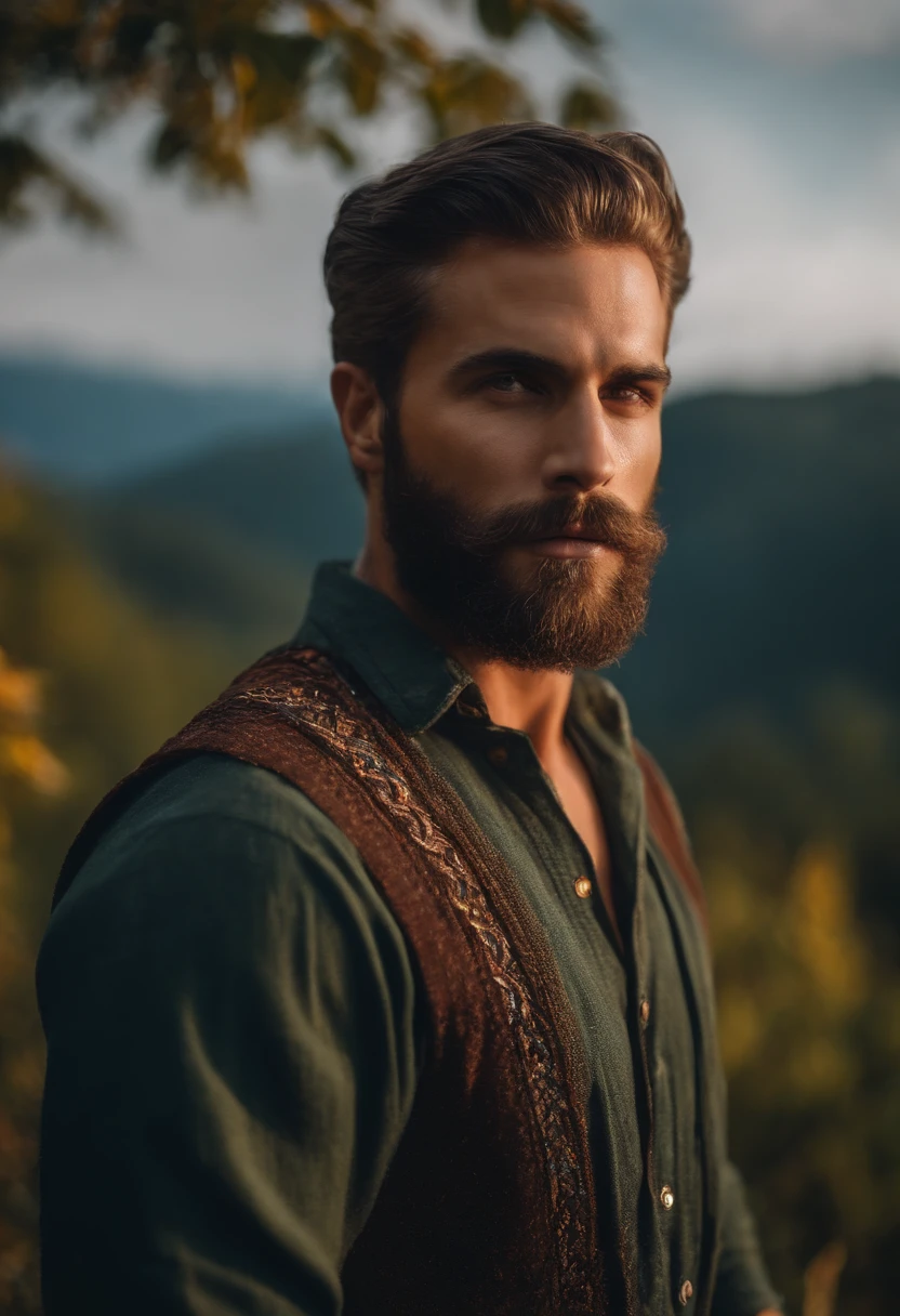 Homem de barba curta,All braided hair,without muscles,muito feliz,roupa Xamanica,sol lindo,floresta de fundo,animais de fundo.
