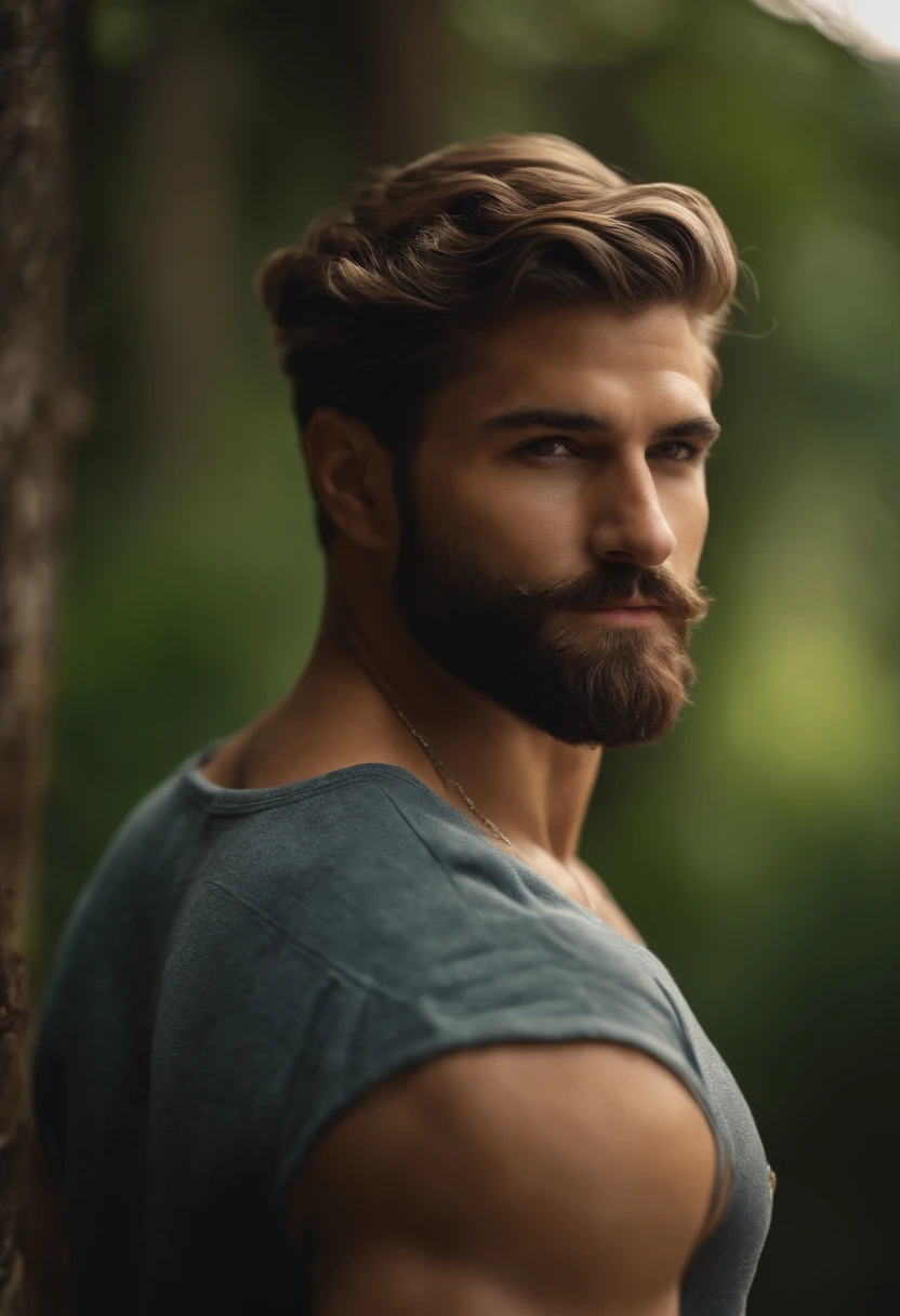 Homem de barba curta,All braided hair,without muscles,muito feliz,roupa Xamanica,sol lindo,floresta de fundo,animais de fundo.