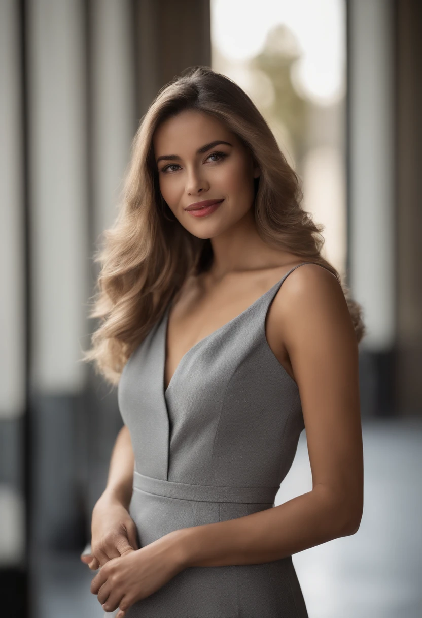 arafed woman in a black top and a gray thigh length tight skirt, office clothes, business clothes, wearing business casual dress, grey skirt, elegant clothes, high-waist-Gray-skirt, business outfit, casual business outfit, japanese women's fashion model, sophisticated dress, skinny waist and slim hips, enthusiastically doing her job, Petite small breasts