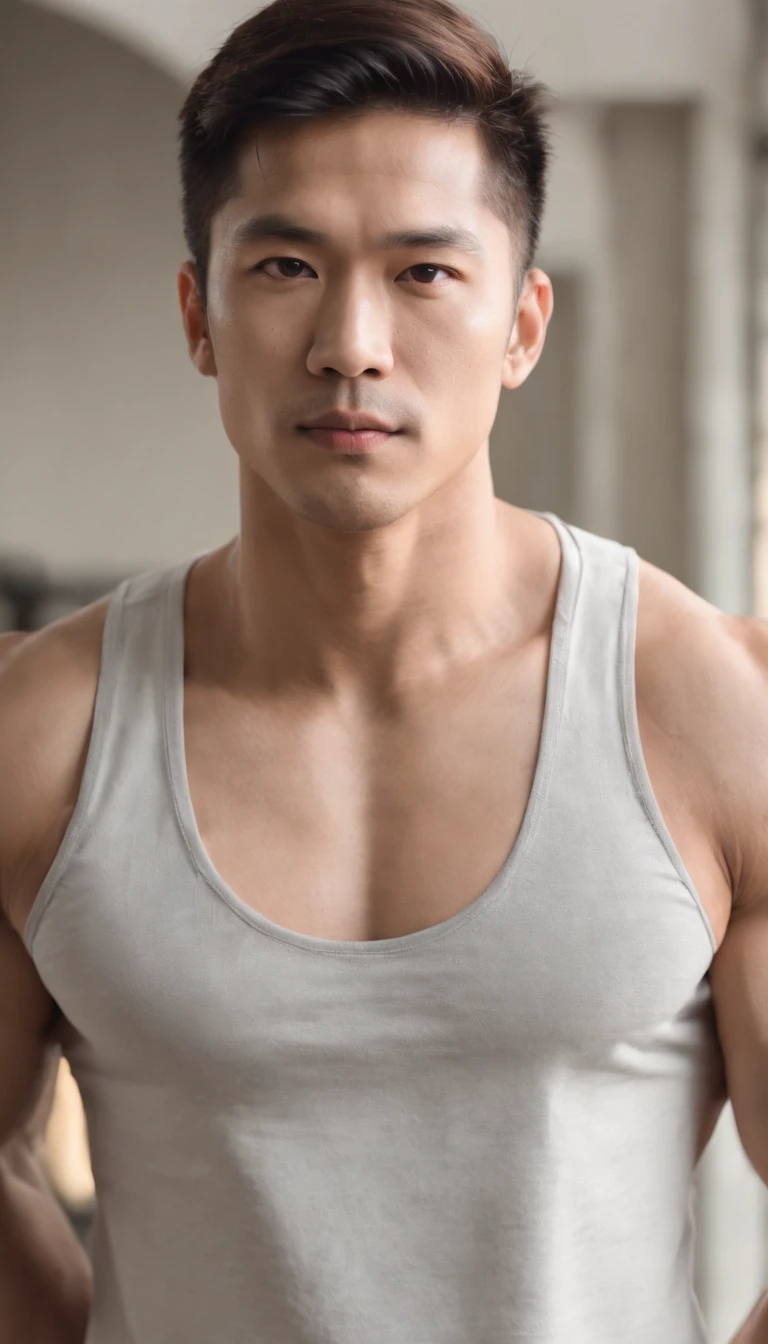 Asian men's gym wears a full tank top , musculous, Height 190 cm, Handsome face blemish, (Draw eye details), (hentail realism), 8k, ultra realistic, 37 years old, gym in the background, blck long hair,