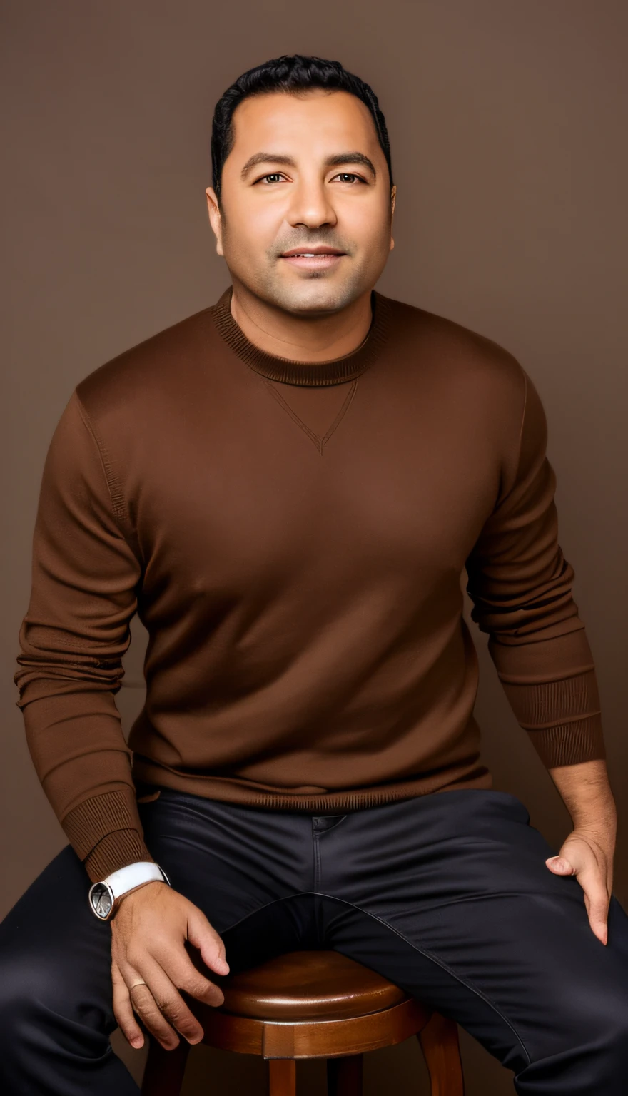 arafed man sitting on a stool with his hands on his hips, he is wearing a brown sweater, studio portrait photo, promotional portrait, photo of a man, a photo of a man, full body photo of steve, david kassan, fullbody photo, man in his 40s, victor maristane, full body photograph, wearing a sweater