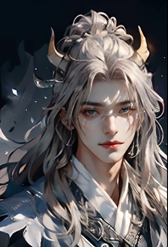 (extreamly delicate and beautiful:1.2), 8K, (tmasterpiece, best:1.0), , (LONG_silver_HAIR_MALE:1.5), Upper body body, a long_haired male, handsome guy, black horns above his head, wears white clothes and fluffy black cape, and intricate detailing, and intricate detailing, finely eye and detailed face, Perfect eyes, Equal eyes, Fantastic lights and shadows、white room background、 Uses backlight and rim light