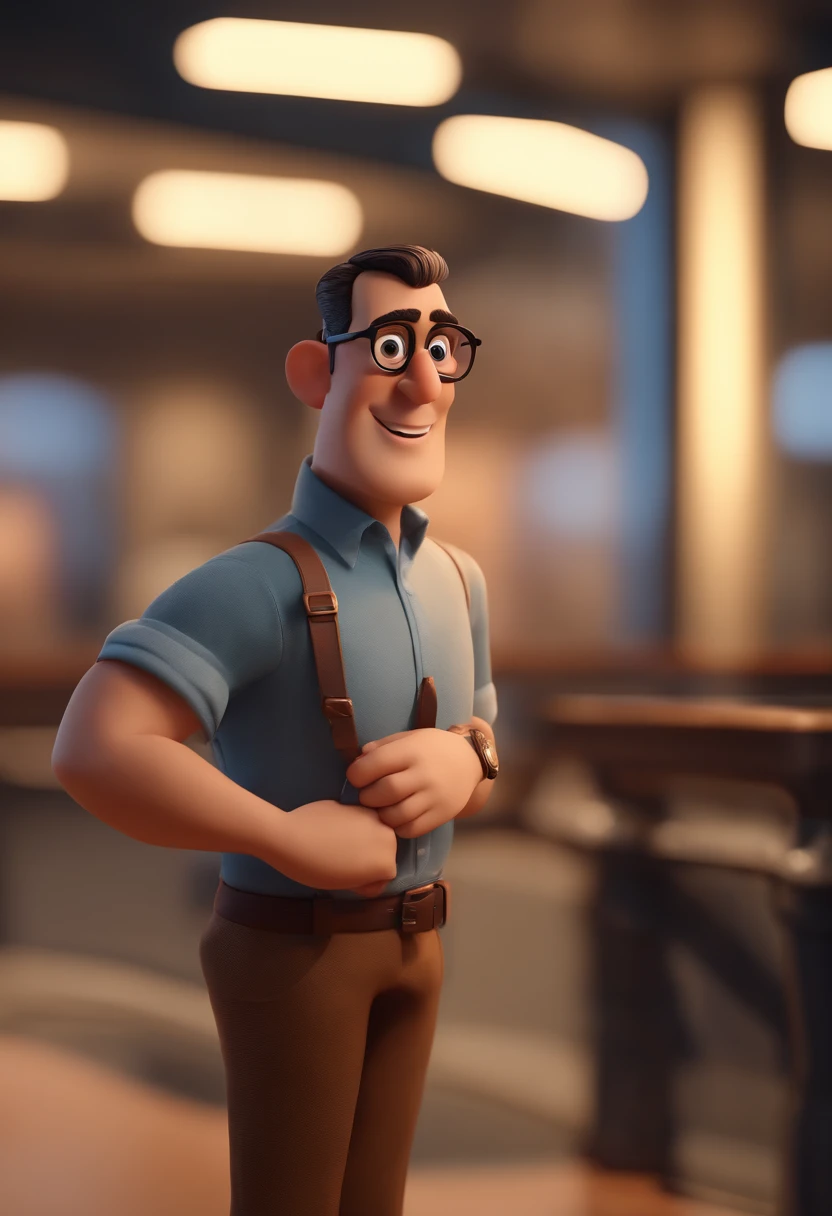 Cartoon character of a man with black glasses and a blue shirt, animation character, Caractere estilizado, animation style rendering, 3D estilizado, Arnold Maya render, 3 d render stylized, toon render keyshot, Personagem 3D, Personagem 3D, 3d rendering stylized, 3 d character render, personagem de desenho animado, Personagem de close up, Pose de personagem,  (Estilo Pixar) (master part:1.2) (Bokeh) (best quality) (pele detalhada) (textura detalhada) (8k) (argila) (Cinematic lighting) (foco nítido