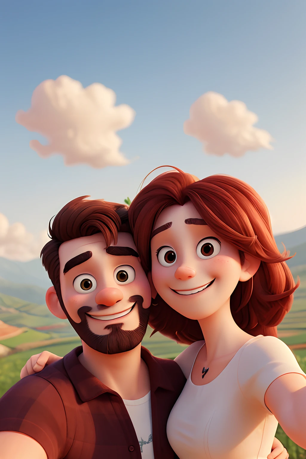 Hugging couple smiling at a selfi. In the background, uma bela paisagem italiana. homem com barba e bigode. Mulher cabelos lisos longos escuros