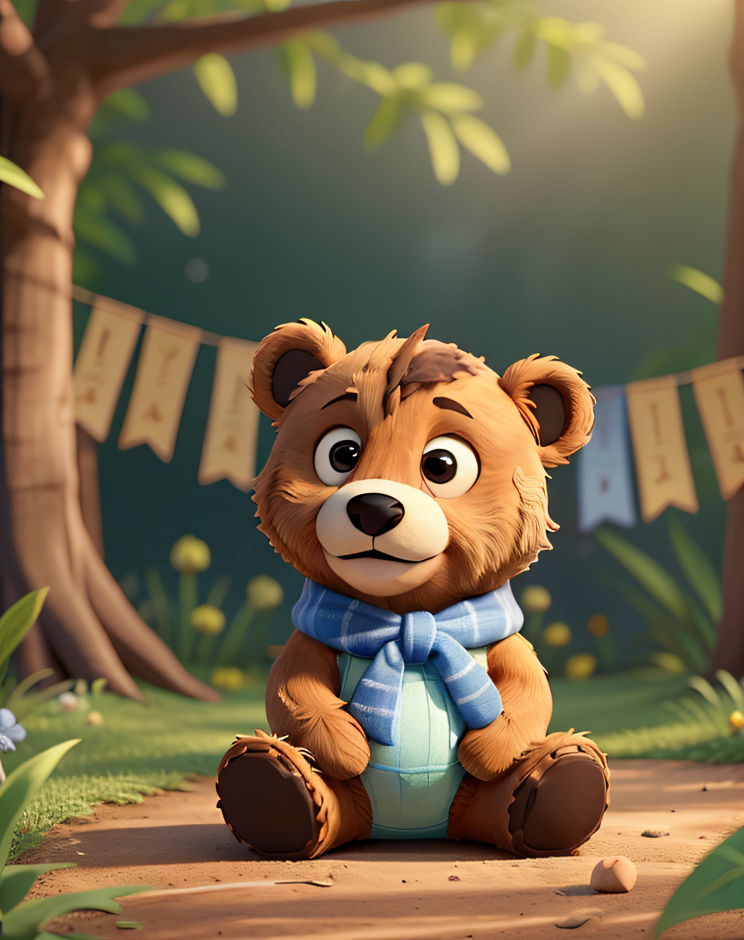 A teddy bear, shower, estilo disney pixar, sitting on ground, parede branca ao fundo, alta qualidade, melhor qualidade