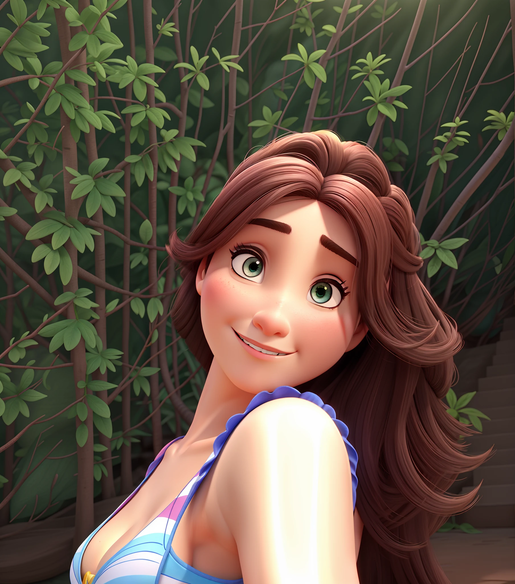 Uma mulher branca com olhos pretos estilo disney pixar, alta qualidade, melhor qualidade