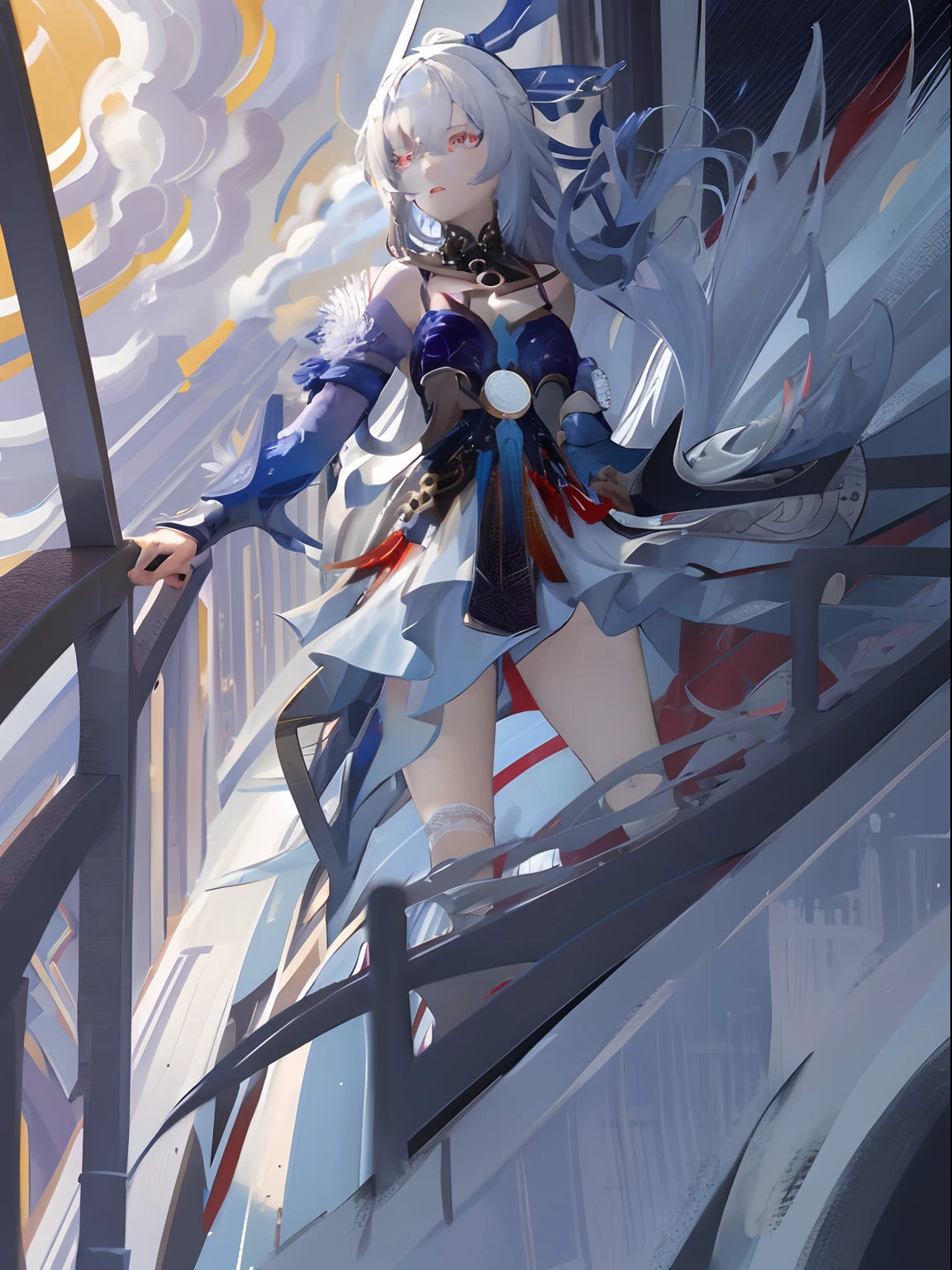 1girl, light blue hair, red eyes , purple , jingliu Honkai star rail , tried up hair , Clouds