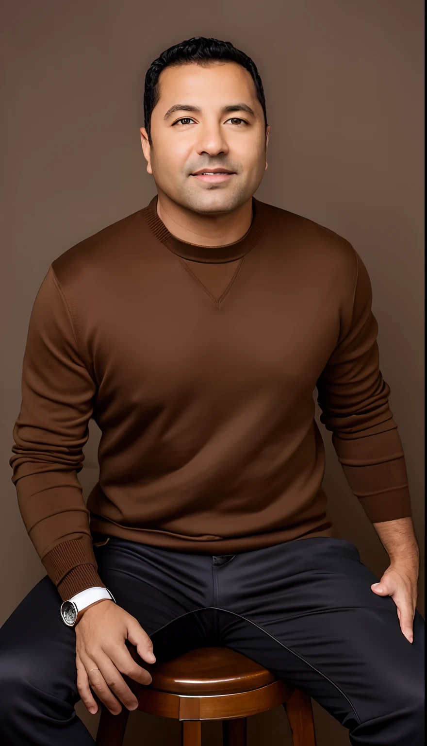 arafed man sitting on a stool with his hands on his hips, he is wearing a brown sweater, studio portrait photo, promotional portrait, photo of a man, a photo of a man, full body photo of steve, david kassan, fullbody photo, man in his 40s, victor maristane, full body photograph, wearing a sweater