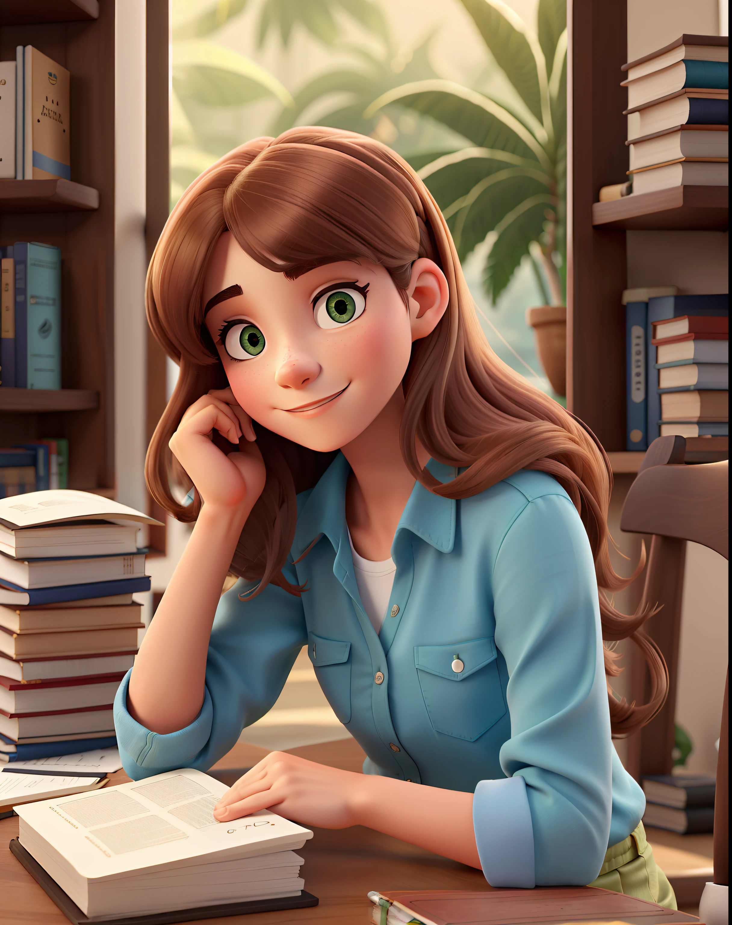 Uma bela jovem de cabelo longo cacheado, sentada lendo um livro na varanda