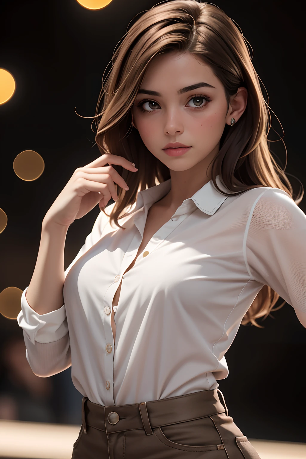 uma  de 20 anos,apaixonado,Corou,(medium-long light brown hair),camisa folgada,alegre,medium breasts,((Cerveja Madison:0.3), (Barbara Palvin:0.3), (Karlie Kloss:0.4)),(desvanecimento hi-top:1.3),party background,fundo dessaturado,Bokeh,tema escuro,tons suaves,cores silenciadas,alto contraste,(textura natural da pele, hiper-realismo, luz suave, Sharp),(Foto em close-up) Artistic photo essay,(nua),(pano vermelho esconde seios),