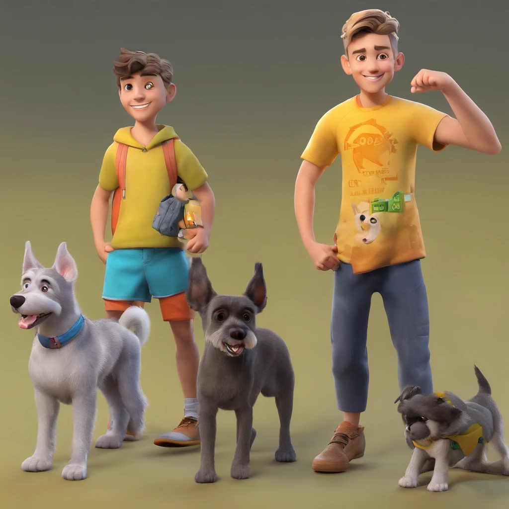 Lucas is a smiling 15-year-old human boy, com seu fiel amigo, Bolt, o cachorro schnauzer, deitados no jardim