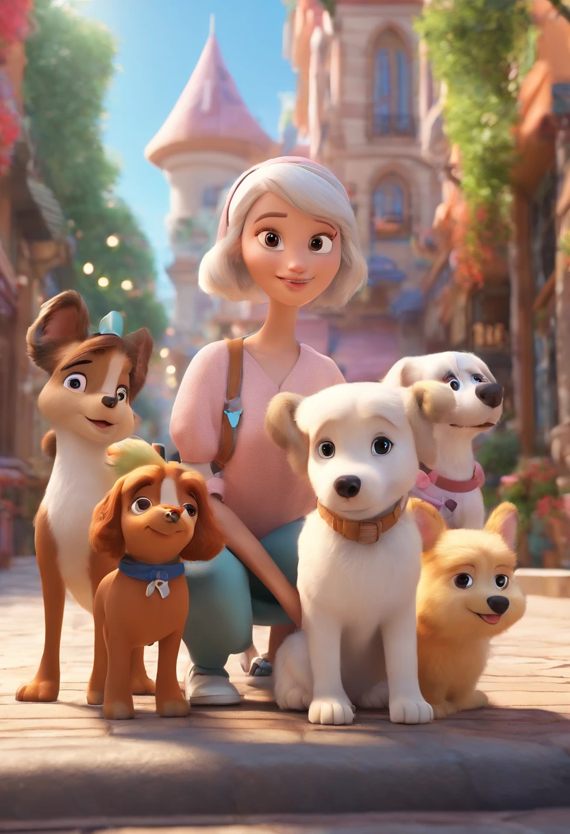 Make a Disney-Pixar-style picture, Where you see yourself in a city scene, uma cachorrinha shitzu, marrom e branca, with bow on her head together with a white Pomeranian puppy wearing small bow on her head together with 4 women: uma gordinha, branca, average height of brown curly hair down to the shoulder, outra mulher magra, branca, loira de cabelo liso, outra morena clara, shoulder-length brown hair and an older lady, branca, Straight white hair down to her shoulders. Todos muito felizes.
