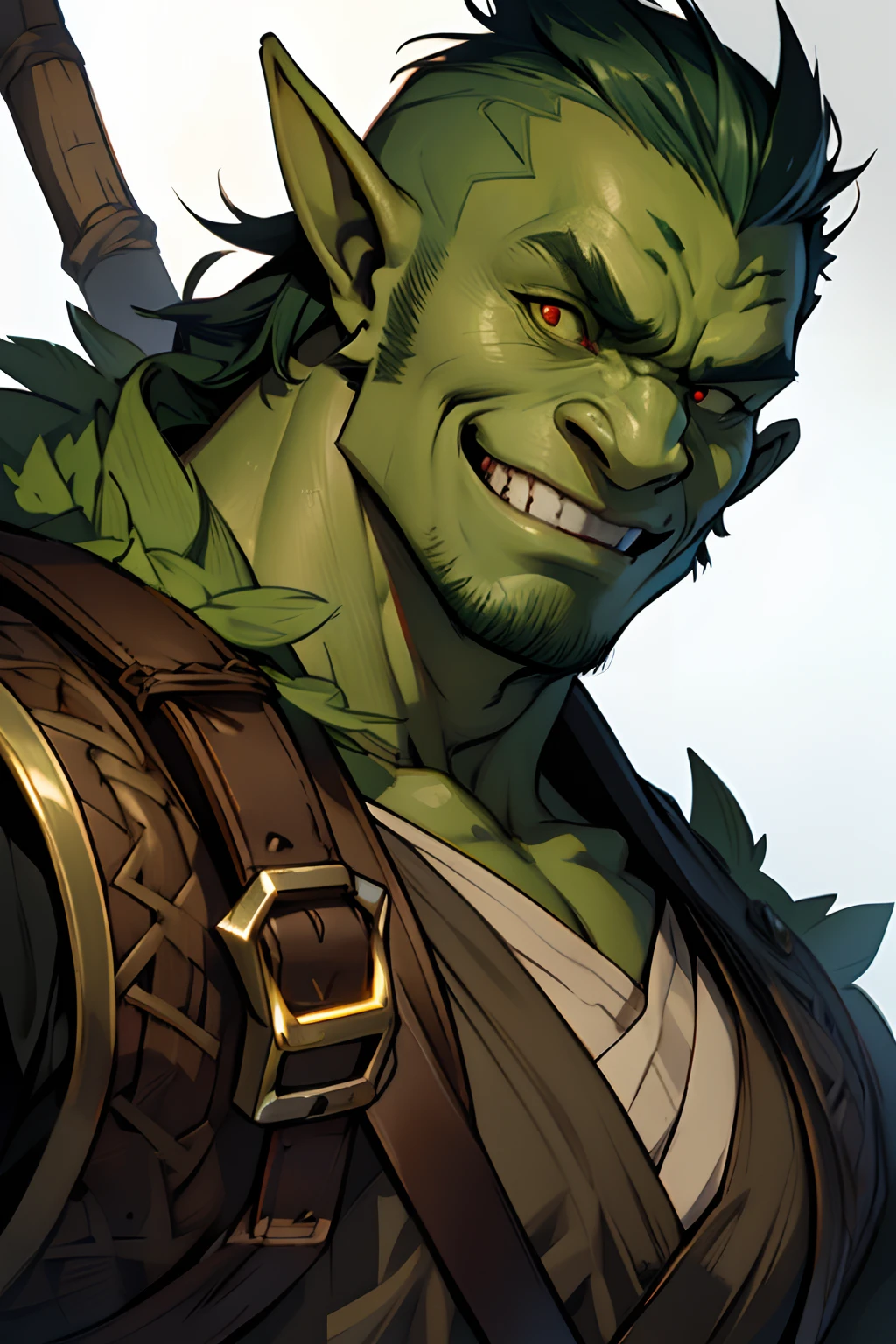 1man, um personagem do RPG Dungeouns & Dragons, insanamente detalhado, ((A man of the orc race)), classe Bardo. Rosto centralizado, Rosto bonito, olhos amarelos, cavanhaque preto, careca, elegante, sexy, corpo esguio, (((vestindo armadura completa de couro))), braceletes de couro, rosto bonito, carismatic, pele texturizada, Detalhes intrincados, Obra-prima, 8k, estilo cartoon