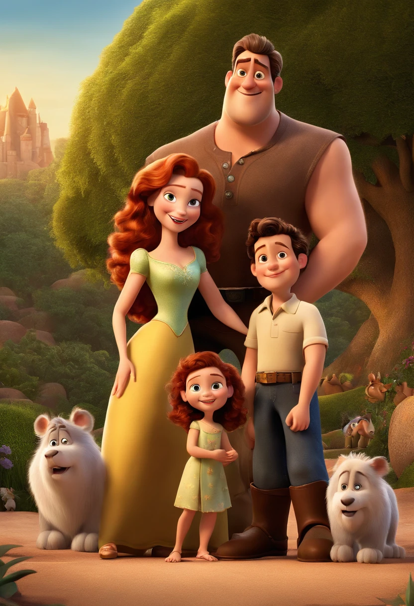 a Disney Pixar movie poster showing a white-skinned family. The father is the tallest, Tem barba curta, loiro, cabelos curtos e espinhosos. The mother has brown eyes and hair, shoulder-length and is slightly overweight. A menina tem 4 anos e cabelos castanhos, roupa rosa e rabos de cavalo. The background is a beach garden. 3D-rendering