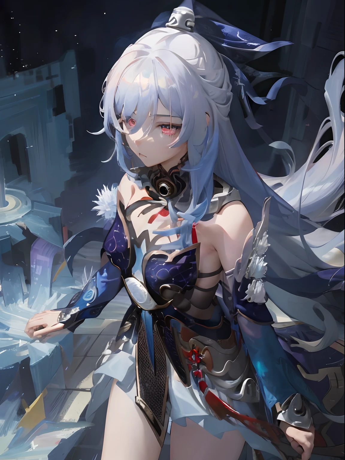 1girl, light blue hair, red eyes , purple , jingliu Honkai star rail , tried up hair