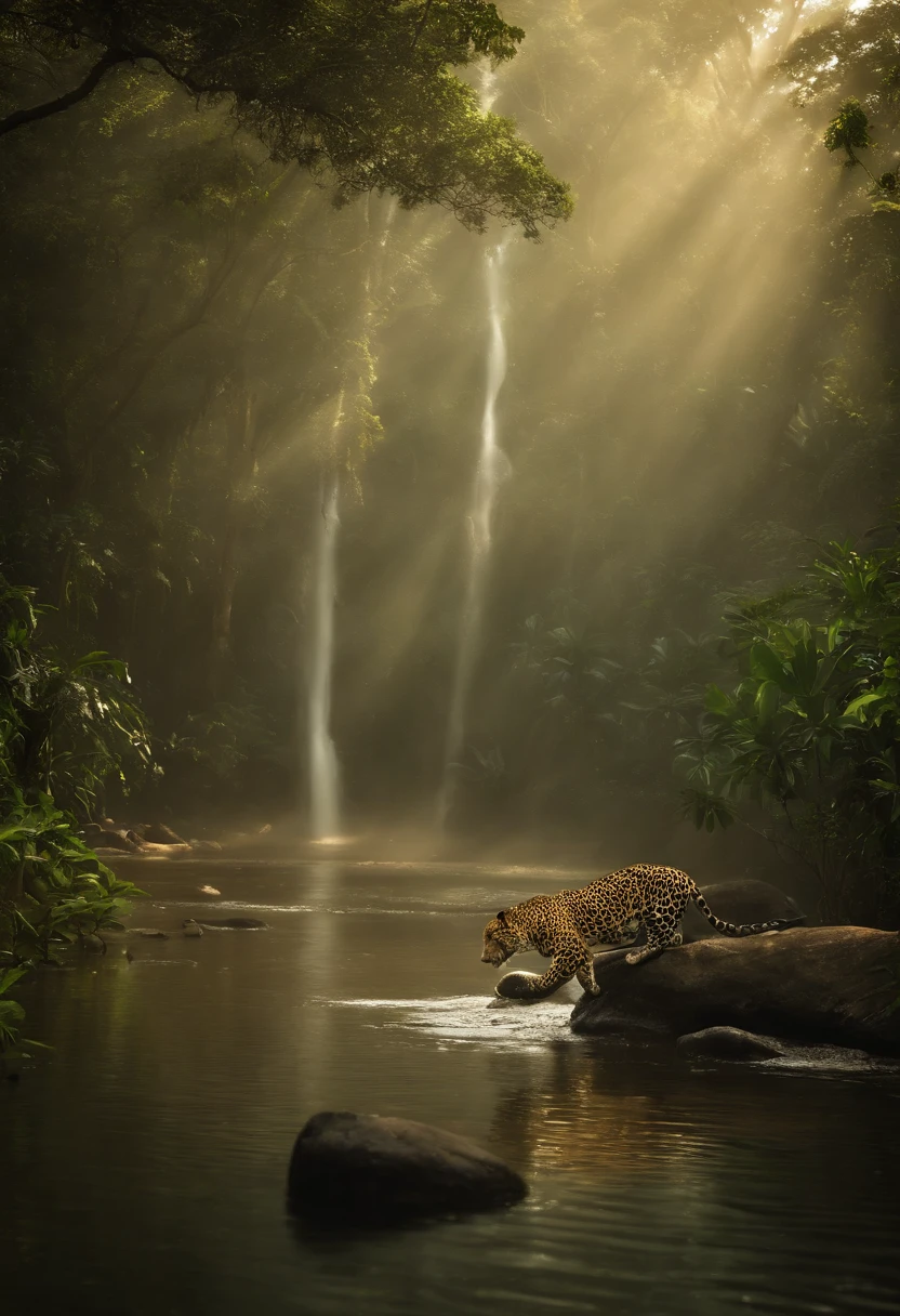 Por favor, Create an image with the highest possible quality, with advanced levels of detail and cinematic style depicting a scene from the Amazon rainforest. Na imagem, Include five of the region's fiercest and most impressive animals, like jaguars, harpias, jaguatiricas, Anacondas and giant anteaters. Ensure the scene conveys the majesty and intensity of wildlife in the Amazon rainforest, com luzes e sombras bem definidas e detalhes excepcionais nos animais e no ambiente natural ao redor. The image quality should be similar to that of a high-resolution wildlife documentary scene.