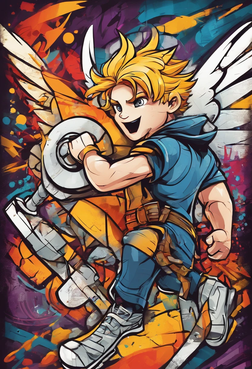 a teenage boy disney style cartoon character, yeallow hairs, big expressive eyes, full body , cartoony legs, full body , turn around , character sheet , dramatic lighting,tools, different angels, different expressions, holding a hammer , wearing asgardian helmet like thor, have white wings,