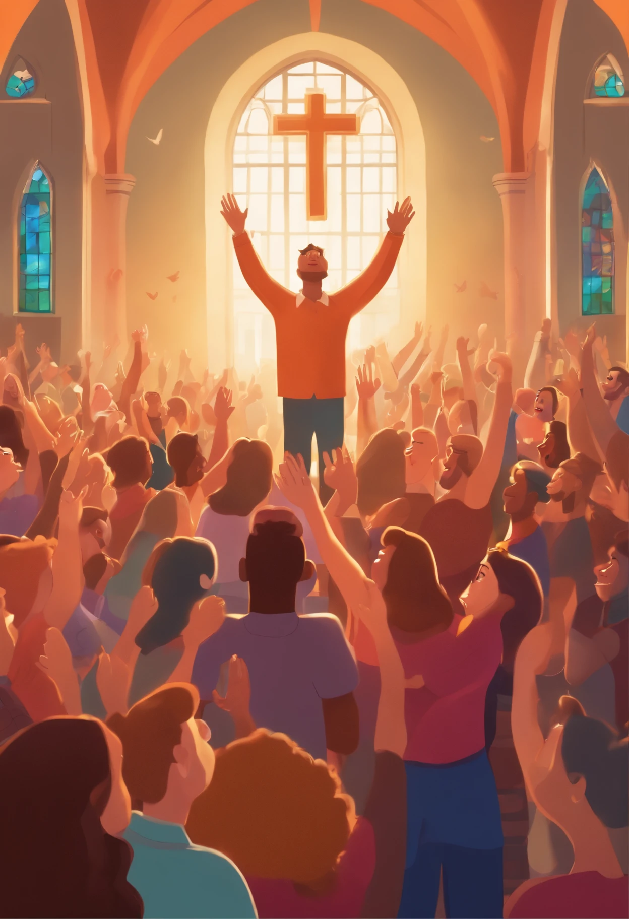 Cover of the film with the title "IBCA" of very happy people in an evangelical church with their hands raised and singing in Disney Pixar style