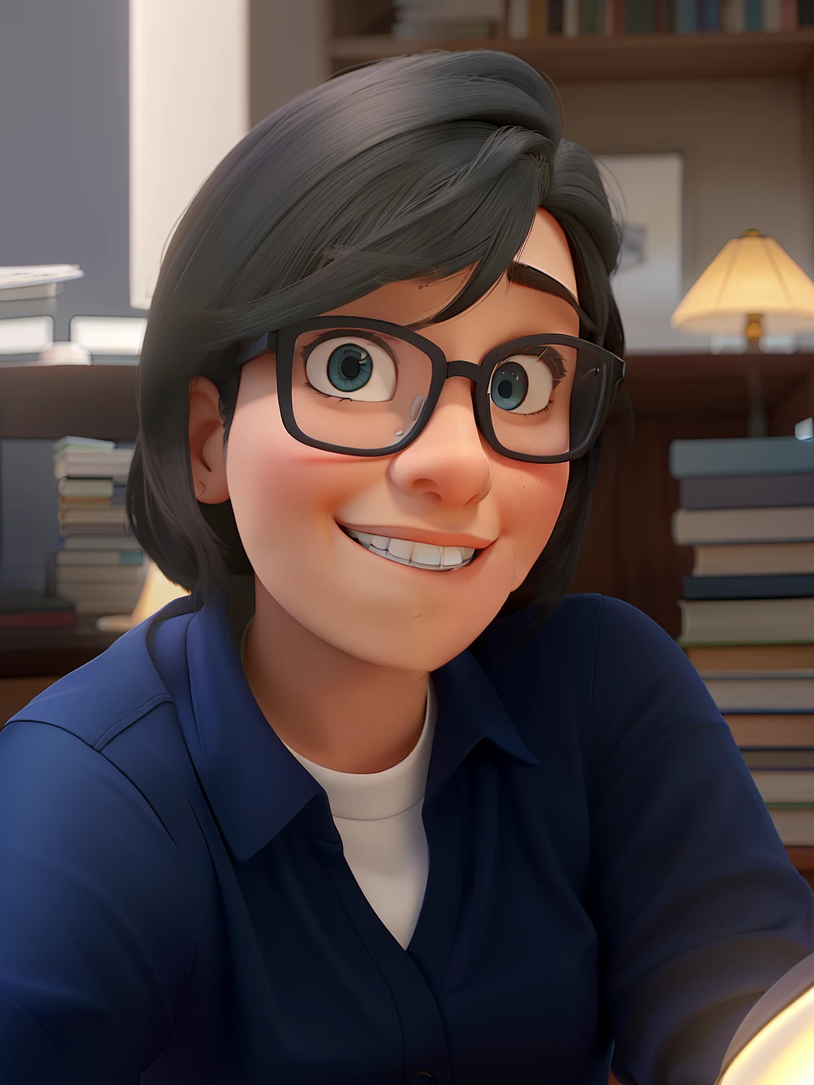 Um mulher jovem, wearing square glasses, camisa social branca e azul, white pant, Medium black hair on the side, illuminated by the light of a lamp, contra o pano de fundo de uma biblioteca